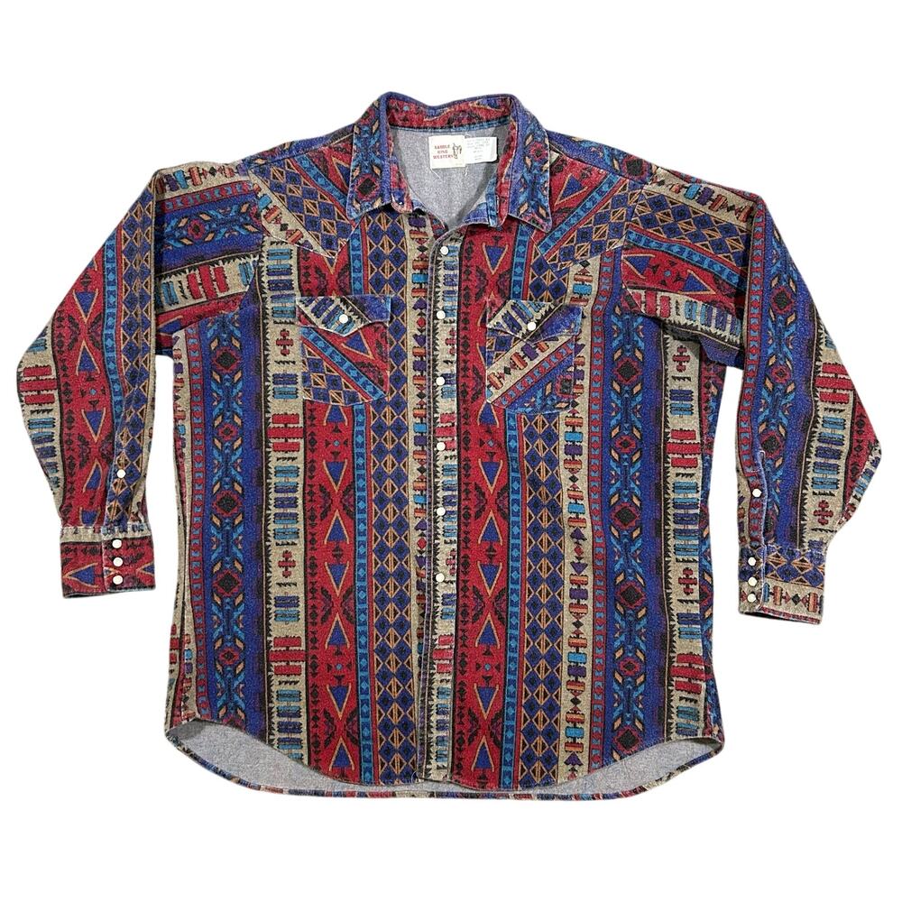 Vintage 90s Saddle King Western Flannel Shirt Mens 3XL Pearl Snap Aztec USA Made